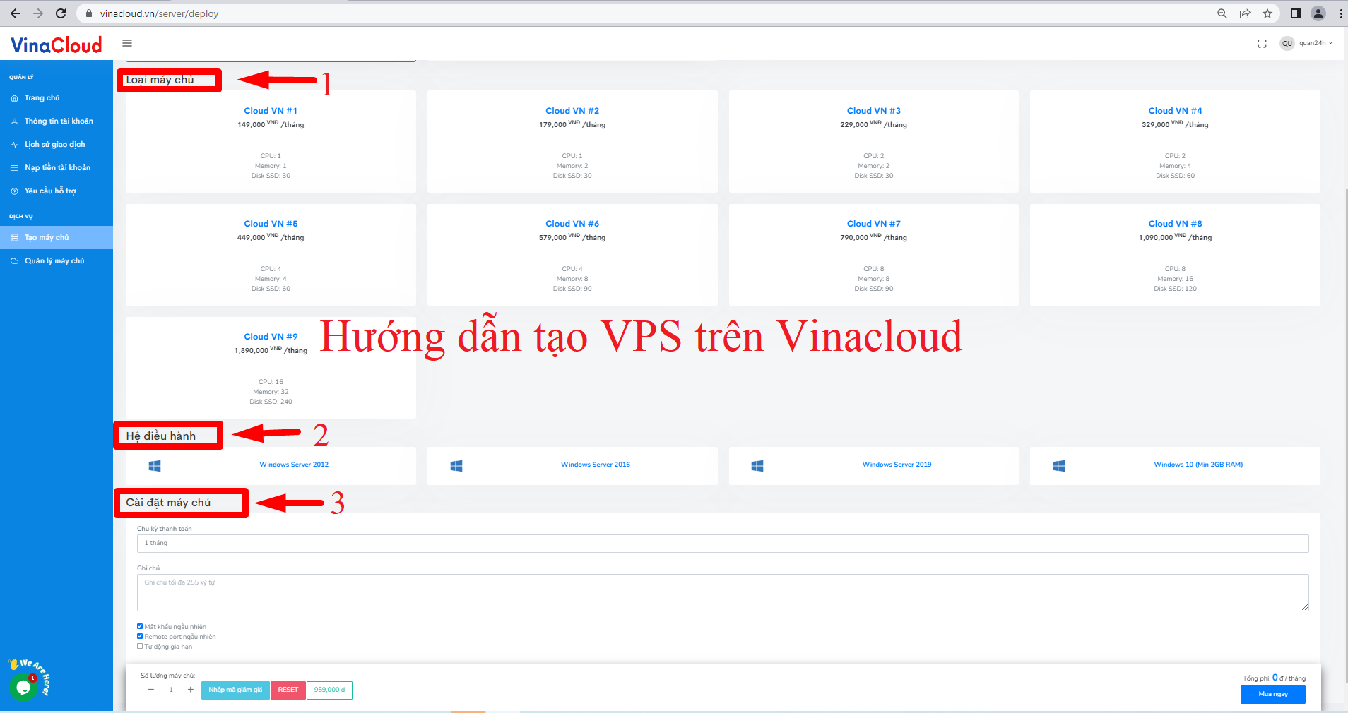 Hướng Dẫn Mua VPS Windows và VPS Linux trên Vinacloud.Vn